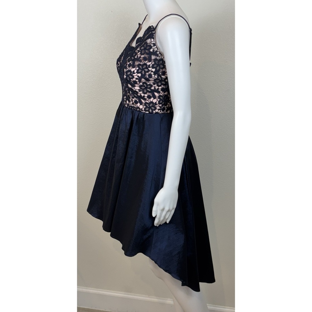 B‎ Darlin Juniors Formal Babydoll Hi Low Mini Dress 5/6 Navy Pink Lace Y2K Grad - Picture 4 of 11